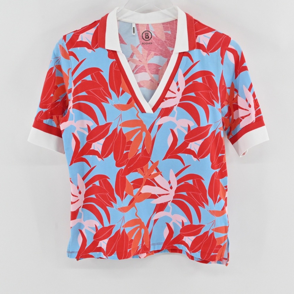 Bogner‎ Tropical Leaf V-Neck Polo Top Womens Size L Blue Red Cotton Golf Sporty